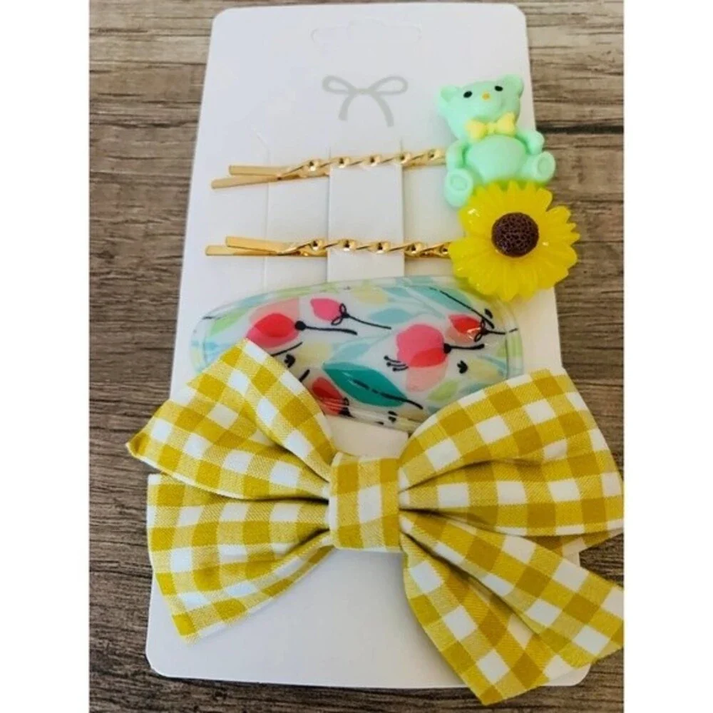 Hair pins fashion bear flower ribbon hair pin 4PC set  Yellow